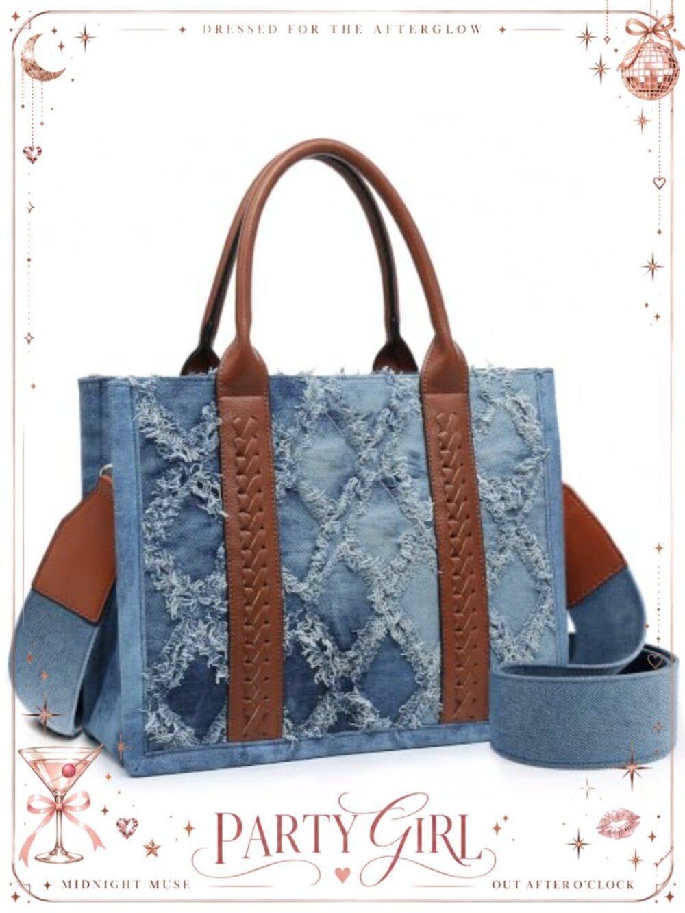 GEMIU Faux Leather Denim Satchel Handbag Quilted Crossbody Tote with Gold